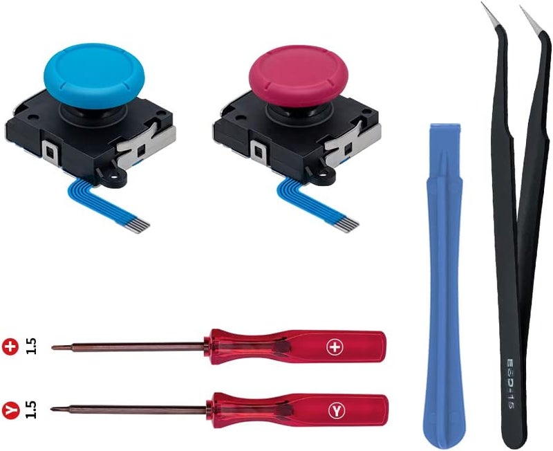 Wigearss Replacement Analog Joystick for Nintendo Switch, Switch OLED, Switch Lite, Joystick Repair Kit with Tools,+&Y-Screwdriver, Pry Tool, Tweezer Kit Fix Joy-Con Drift - Blue/Red - Image 1